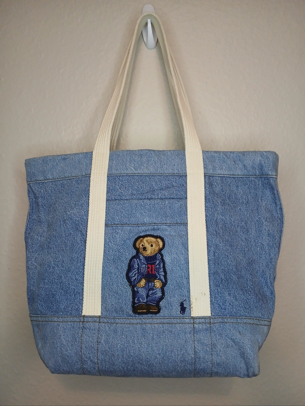 New No Tags Polo Ralph Lauren Bear Jean denim jacket Canvas zip Tote denim